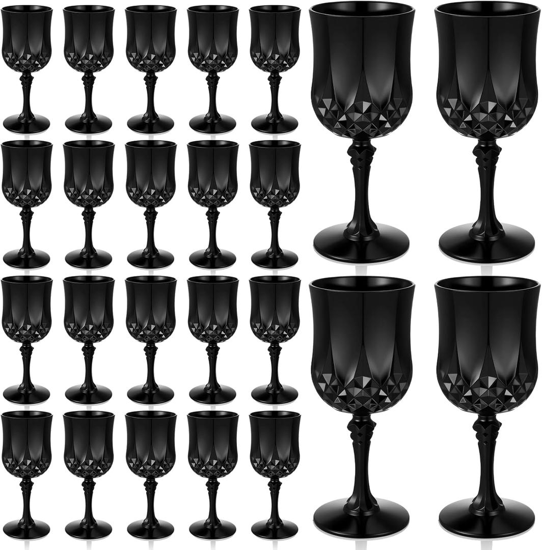 Domensi 20 Pcs Black Plastic Wine Glasses 7 oz Reusable Black Vintage Embossed Goblet Unbreakable Drinking Water Glasses Cup Champagne Flutes for Wedding Bachelor Halloween Party Supplies