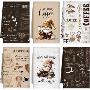 Ferraycle 6 Pcs Coffee Kitchen Towels, Absorbent Dish Towels 24 x 16 Inches, Dish Cloths, Kitchen Decorative Hand Cloths, Gifts for Cooking Baking Bathroom Bar Farmhouse(White and Brown,Coffee Theme)