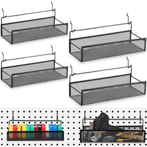 Shimeyao Pegboard Baskets Bins Set 4 Pcs Metal Pegboard Baskets with 8 Pcs Black Hooks, Organizer Accessories for Garage Workbench Kitchen Office Craft Room