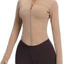 AVGO Women's Cropped Running Workout Jackets Zip Slim Fit Athletic Tops with Thumb Holes (Cream Coffee) S