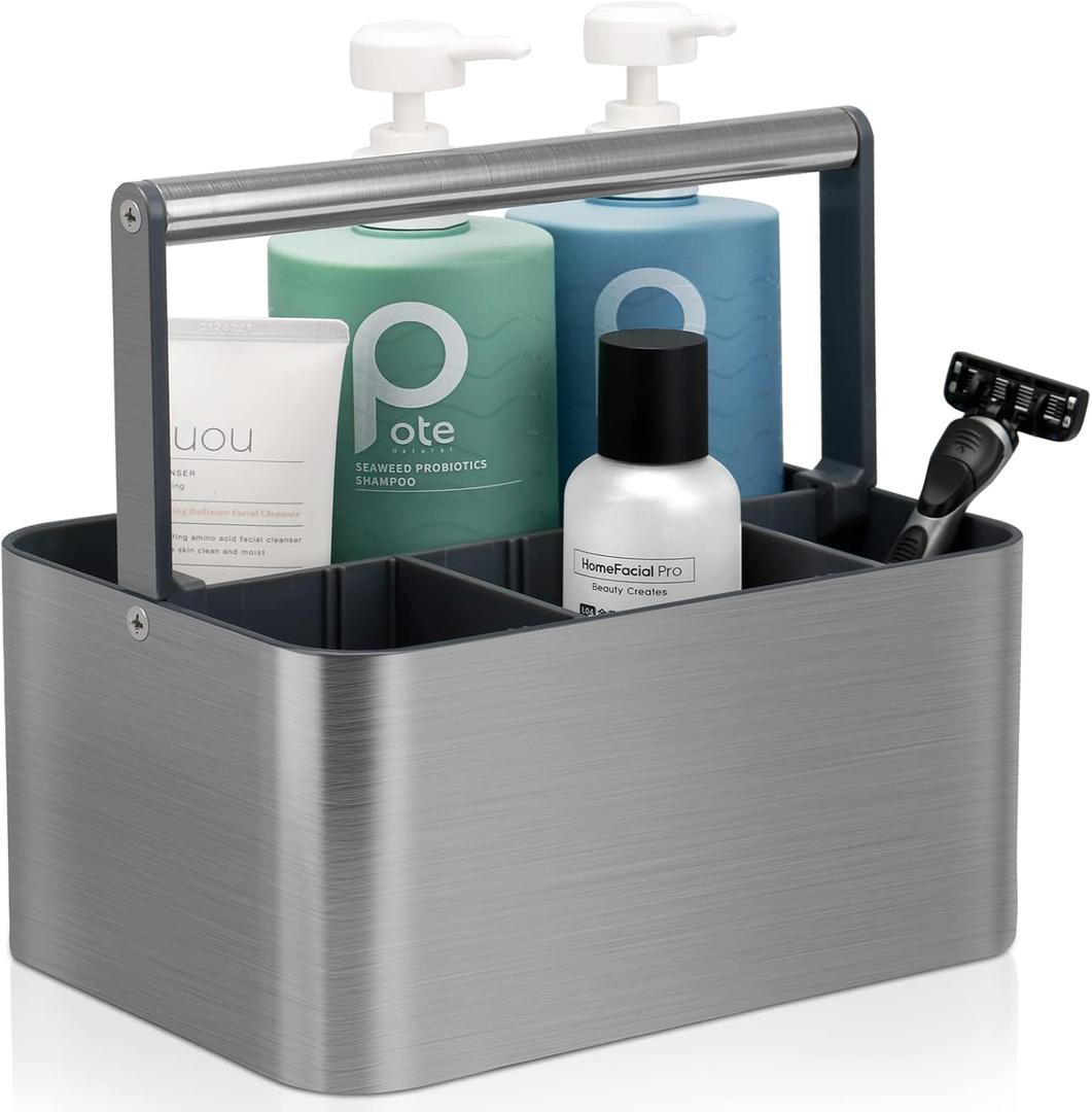 Portable Shower Caddy Basket Bin with Handle and Adjustable dividers for College Dorm, Large Plastic Bathroom Storage Organizer Tote,Gray (Silver / Grey)