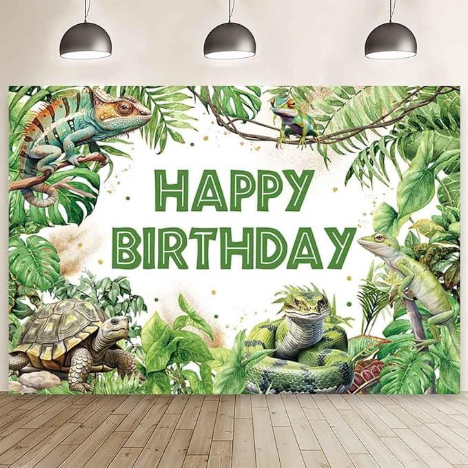 MEHOFOND 7x5ft Reptile Birthday Backdrop Lizard Snake Turtle Birthday Party Supplies Wild Tropical Vegetation Jungle Birthday Photography Background