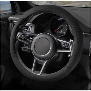 Suede Steering Wheel Cover with Upgraded Silicone Inner Ring, Breathable, Anti-Slip, Leather Universal 14.5 to 15 Inch Steering Wheel Cover (Black with Embossing Pattern)