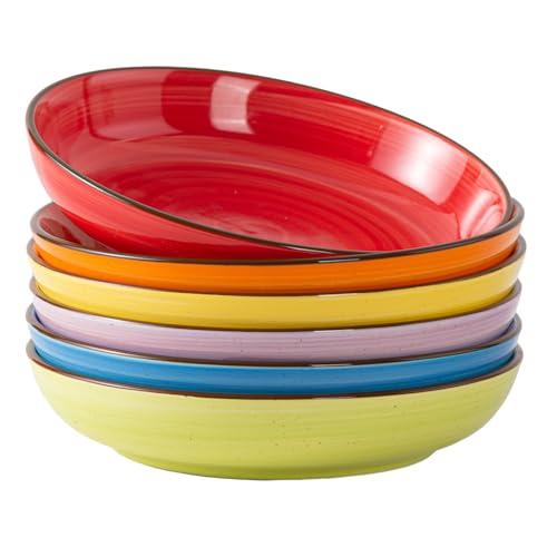 Y YHY Pasta Bowls Set of 6, 30 oz Ceramic Shallow Bowls, Serving Bowls Pasta Plates and Salad Bowls, Microwave & Dishwasher Safe Soup Bowls, Assorted Colors Christmas Day Gift