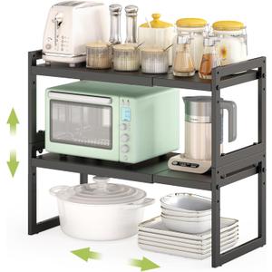 Expandable Kitchen Countertop Organizer, Stackable Cabinet Shelf Organizers, Space Saving Spice Rack Pantry Storage for Bathroom Office Organization (Black, 2 Pack)