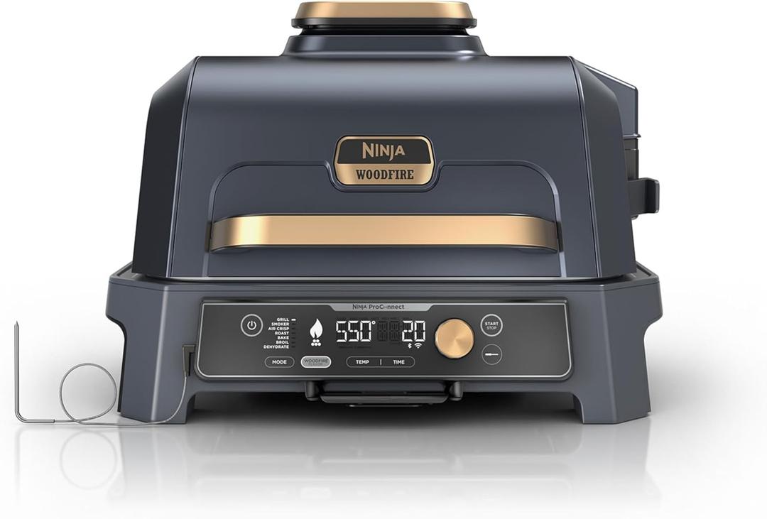 Ninja Woodfire Pro Connect XL Outdoor Grill & Smoker | Bluetooth, App Enabled | 7-in-1 Grill, BBQ Smoker, Outdoor Air Fryer | Woodfire Technology | Built-In Thermometer | Blue & Gold| OG951BL1
