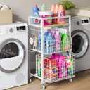 3 Tier Laundry Room Cart with Pull-Out Baskets, Utility Cart Rolling Storage Cart with Wheels Bathroom Organizers Storage Shelf with Wood Top Laundry Room Organization and Storage, White