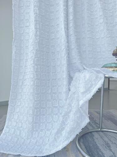 GOHD Fashion Plaids Boho Window Curtains Pattern Clipped Yarn Farmhouse 2 Panels Set for Bathroom/Bedroom/Living Room Vintage Chic Textured Drapes(84in, White)