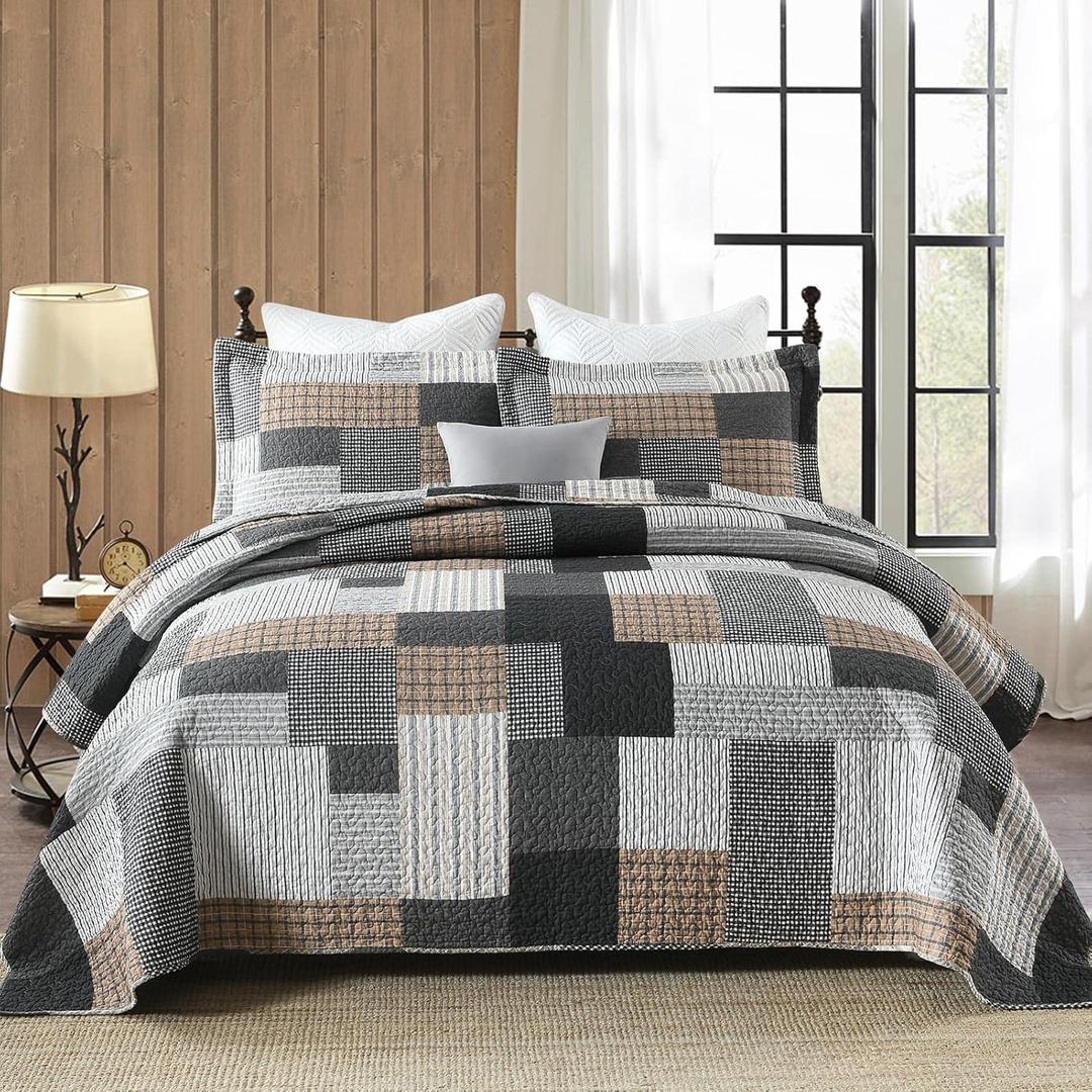PERHOM Quilt Queen Size - 100% Cotton Lightweight Bedspread - Gray Brown Black White Plaid Patchwork Soft Reversible Quilt Queen Size for Bed Set All Season, 3 Pieces (Queen(98"x90"))