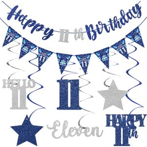 Blue Silver 11th Birthday Decorations for Boys Girls, Happy 11th Birthday Banner Eleven Years Old Hanging Swirls Stars Hello 11 Bday Decorations Party Supplies Sign
