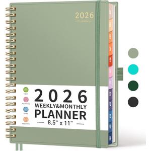 RETTACY 2026 Planner, Weekly and Monthly, Large Size (8.5" x 11"), Jan - Dec 2026, Agenda, Calendar, 12 Month Tabs, Flexible Plastic Cover, 100 GSM Thick Paper, Spiral-bound (Light Green)