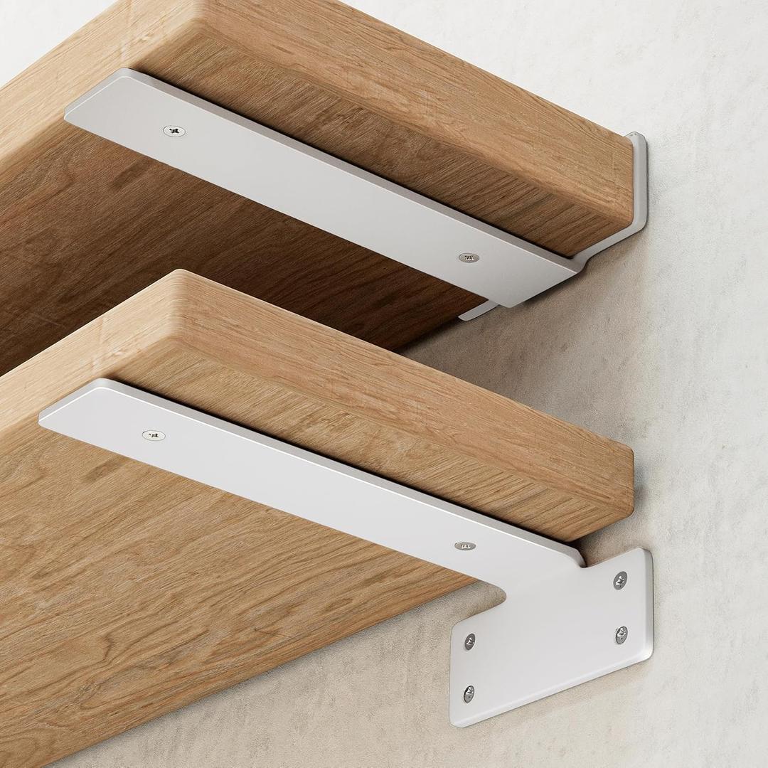 Shelf Brackets, Heavy Duty Floating Shelf Brackets 8-Inch Long, 6-Pack Brackets for Shelves, Matte White L Hidden Metal Wall Shelf Support Shelving Brackets, 1/5-Inch Thick 160 lb. Load Capacity