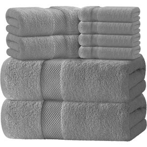 White Classic Luxury Bath Towel Set of 8 Pieces - 100% Turkish Cotton Highly Absorbent Towels for Bathroom, 2 Luxury Bath Towels 700GSM, 2 Hand Towels, 4 Washcloths, Light Gray