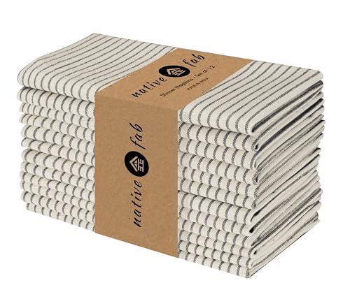 Native Fab Cloth Napkins 18x18 inches, 100% Cotton Vintage Stripped Dinner Napkins, Set of 12, Soft Breathable Absorbent, Machine Washable Cloth Napkins, Black Beige