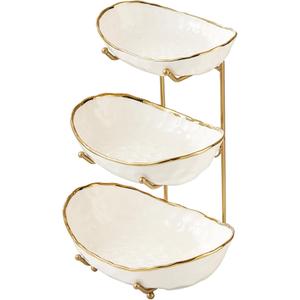 White Fruit Bowl with Gold Metal Stand, 3 Tier Modern Ceramic Fruit Bowl Fruit Rack for Kitchen Counter, Tiered Fruit Basket for Snacks Bread Candy Storage (White,3 Tier)