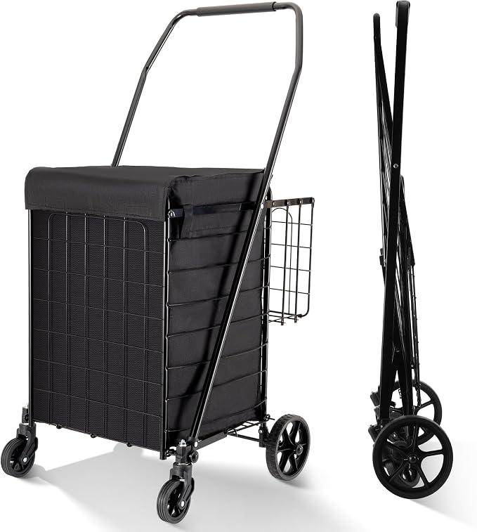BIEAMA Folding Shopping Cart with Waterproof Liner, Grocery Cart 200 Lb