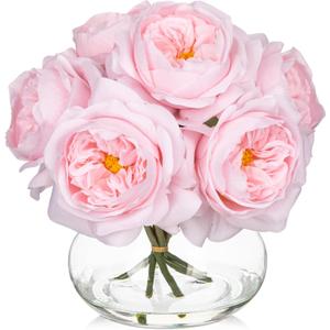 Hollyone Pink Roses Peonies Artificial Flowers with Glass Vase Silk David Austin Roses Faux Flowers Arrangements with Clear Faux Water in Vase Fake Peonies Rose Peony Floral Bulk Bouquet Home Decor