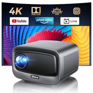 [2500 ANSI/Auto Focus/Built-in APPS] Smart Projector 4K with WiFi 6 and Bluetooth 5.3, 6D Keystone Outdoor Movie Projector with Netflix& 36W Dolby Audio Plus HDR10+ Home Theater Ceiling Upgraded