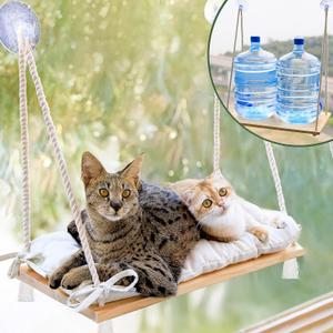 Large Cat Window Perch with Industrial-Grade Suction Cups Solid Pine Wood Hammock Bed, Soft Cushion - 42 lb Capacity for Heavy Cats Inside