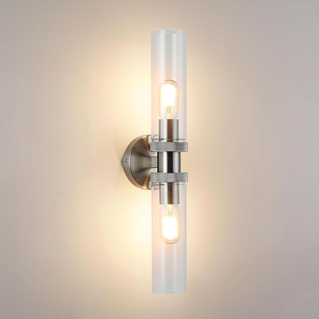 2 Light Bathroom Vanity Light Brushed Nickel, Bathroom Light Fixtures Side Mirror, Vintage Wall Lamp for Bedroom, Modern Bedroom Vanity Lighting Fixtures with Glass Shade