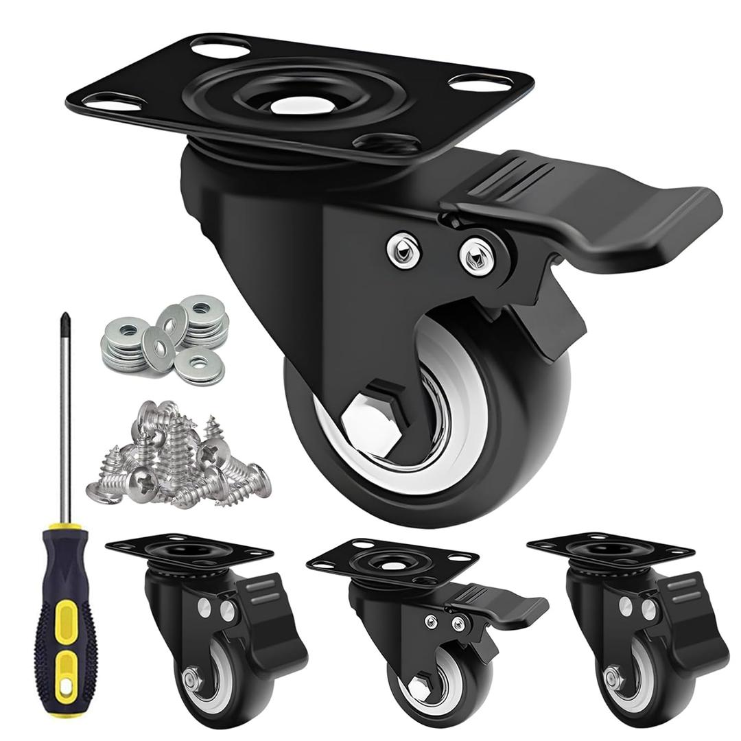2-Inch Set of 4 Heavy-Duty Casters with Brakes - 600 lbs Capacity, Noise-Free PU Wheels, 360 Swivel, Floor Safe - Includes Screws for Carts, Furniture, Workbenches