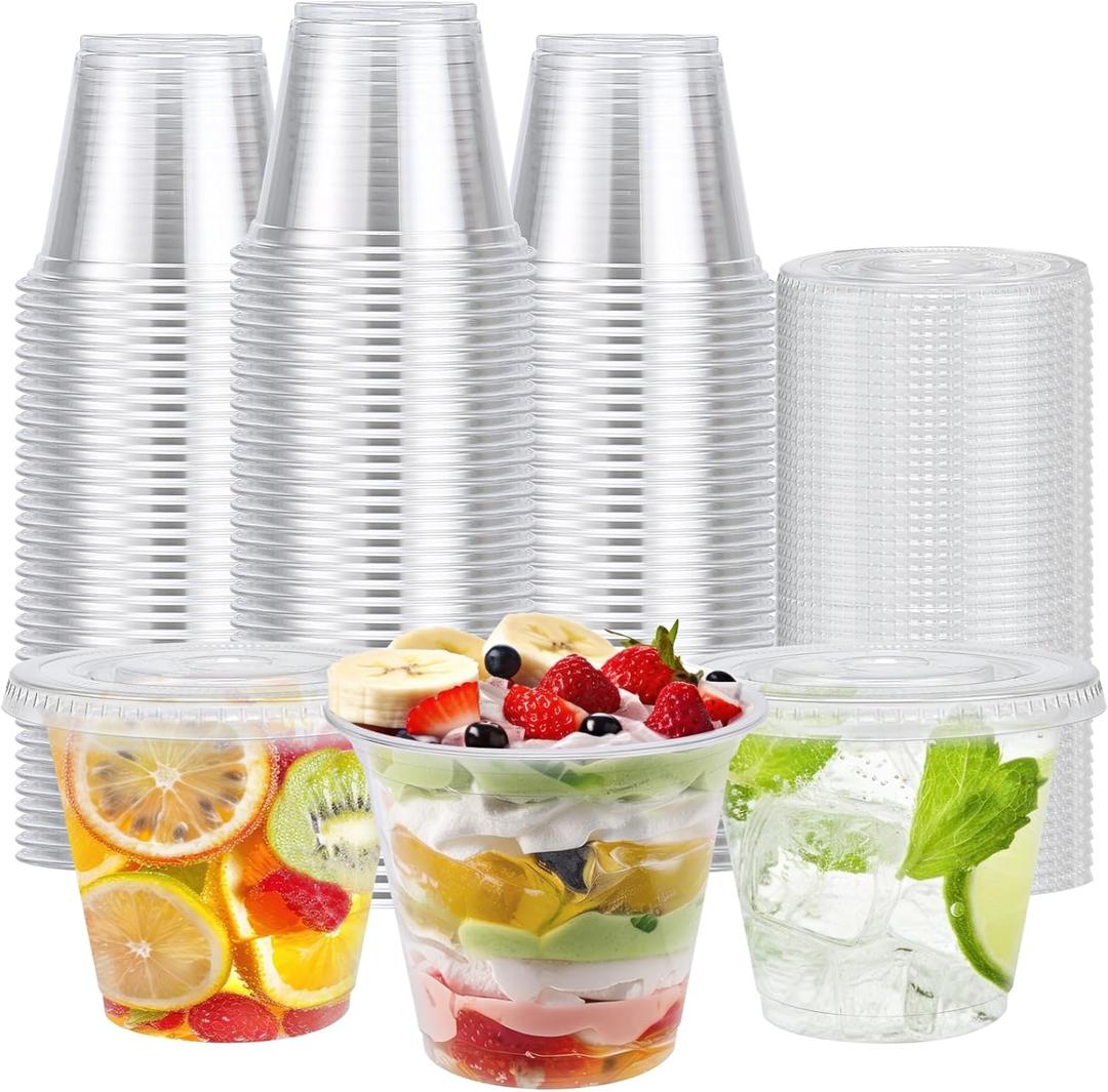BYSNOW 100 Pack 9 oz Clear Plastic Cups With Flat Lids No Hole, Disposable Dessert Cups with Lids for Ice Cream, Pudding, Fruit, Cold Drinks, Cake, Snacks, Yogurt Parfait