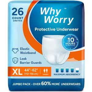 WhyWorry Incontinence Underwear for Women and Men, Disposable Adult Pull Ups with Overnight Absorbency, Leakproof, Unisex, XLarge, 104 Count (4 Packs of 26)