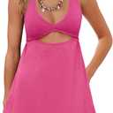 ReachMe Womens Cut Out Dresses Short Sleeveles Mini Dress Summer V Neck A Line Dresses Beach Vacation Dress (Pink, L)