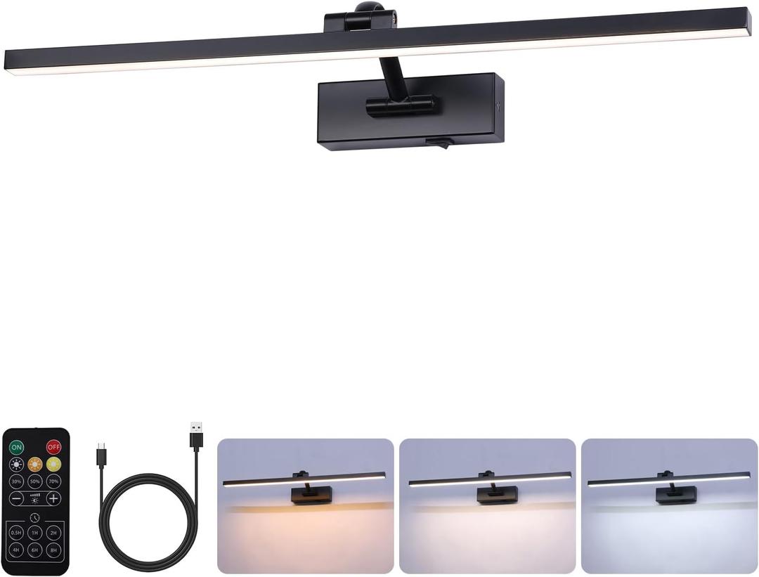 Battery Operated Picture Light with Remote,Wireless Dimmable Art Lights for Paintings Rechargeable Gallery Light Artwork Lighting for Canvas, Portrait (Black,23.6 Inch)