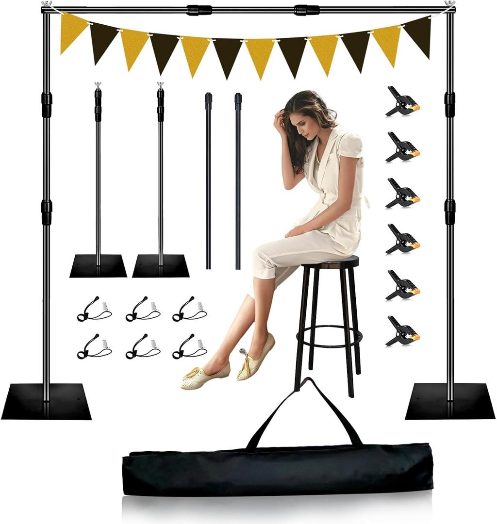 Backdrop Stand, 8x10ft Metal Base Photo Studio Support System, Adjustable Backdrop Frame for Photography, Streaming, Wedding, Projector Screen, Tool Free Setup & Portable Carry Bag