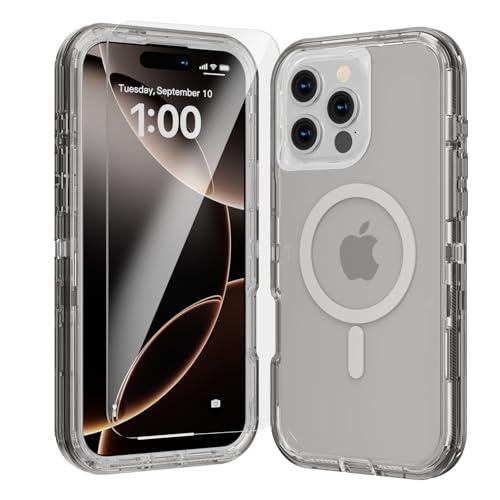 Luckwhale for iPhone 16 Pro Case, Fits Magsafe,Heavy Duty Shockproof Protection Phone Cases with Screen Protector*1, Magnetic Transparent Protective Cover for iPhone 16 Pro 6.3 '', Gray