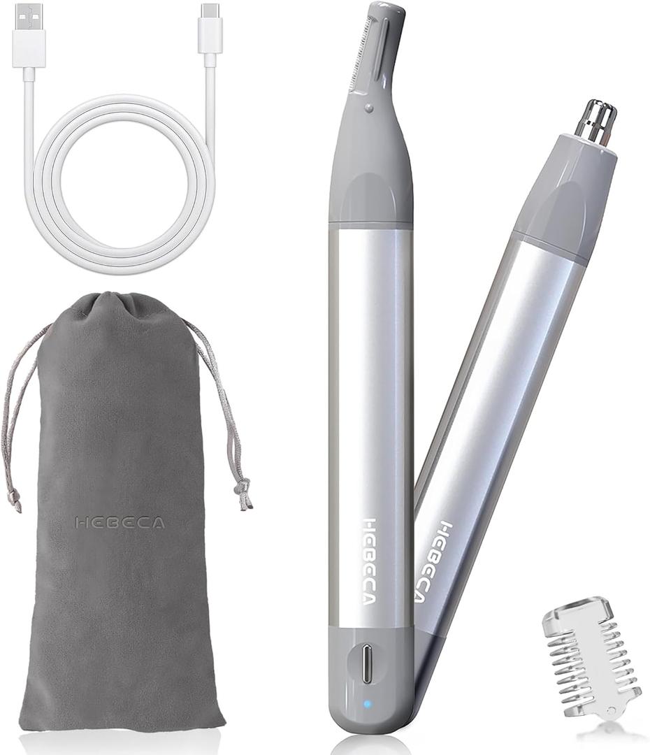 Nose Hair Trimmer for Men Women 2in1 Facial Hair Removal Trimmer - Metal Body, Rechargeable, Waterproof, Portable - Nose, Ear, Eyebrow, Peach-Fuzz, Lips, Chin (Silver)
