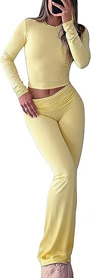 YETOWA Y2K 2 Piece Outfits Tummy Control Long Sleeve Crop Top High Waisted Flare Pants Soft Knit Lounge Set, Size S