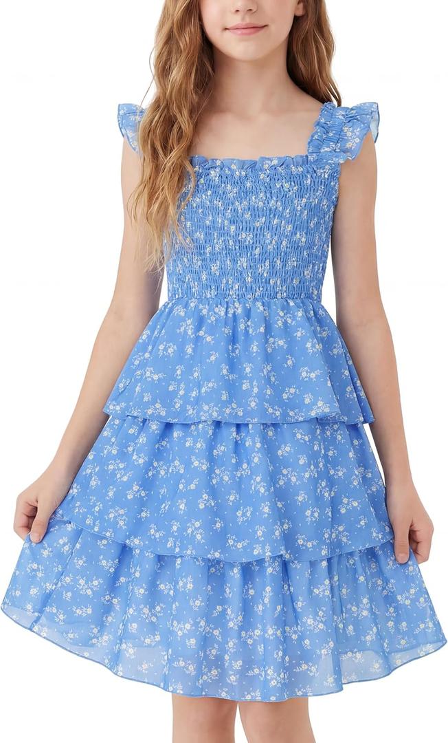 Cubear Girls Summer Floral Dress with Tiered Ruffle Skirt and Flutter Sleeves - Summer Smocked Sundress for Girls 9-13 Years (Blue)