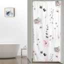 QiyI Small Stall Shower Curtain 36 x 72, Narrow Half Watercolor Floral Bath Curtain, 3D Embossed Grey Pink Flower Cloth Bathroom Curtain, Waterproof Fabric White Shower Curtain Set with Hooks (Graphite Gray)