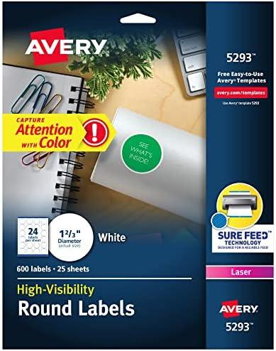 Avery Round Printable Labels, 1-2/3" Diameter, Matte White, Sure Feed Technology, Laser & Inkjet Compatible, 600 Blank Labels Total, Great for Branding, Packages, School Supplies, and More (5293)