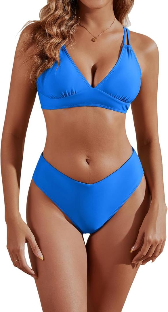 fatty tiger High Cut Bikini Sets for Women Deep V Neck Criss Cross Back Two Piece Swimsuit Cheeky High Waist Bathing Suit (Blue, S)