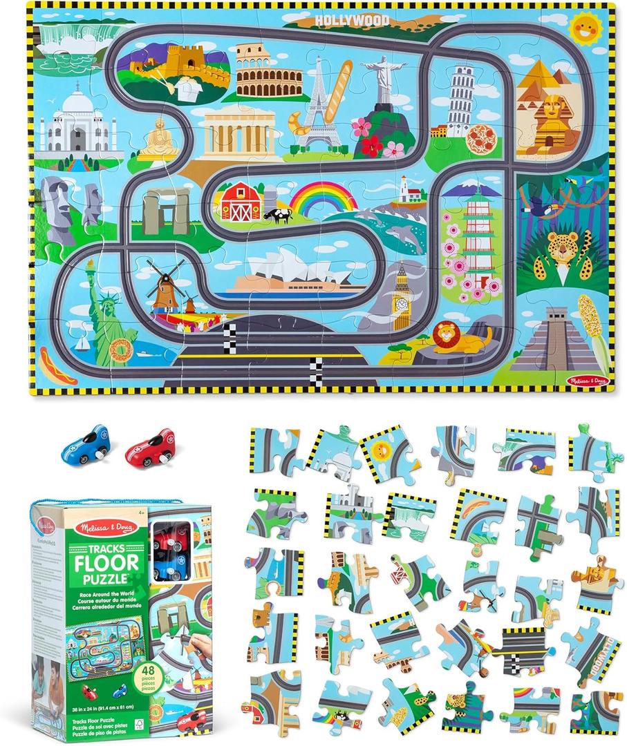 Melissa & Doug Race Around The World Tracks Cardboard Jigsaw Floor Puzzle and Wind-Up Vehicles (48 Pcs) for Preschoolers and Kids Ages 4+ - FSC Certified
