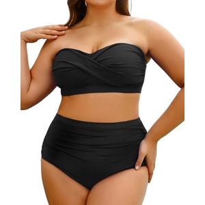 Yonique Women Plus Size Two Piece Swimsuits High Waisted Bathing Suits Bandeau Bikini Tummy Control Swimwear 22W