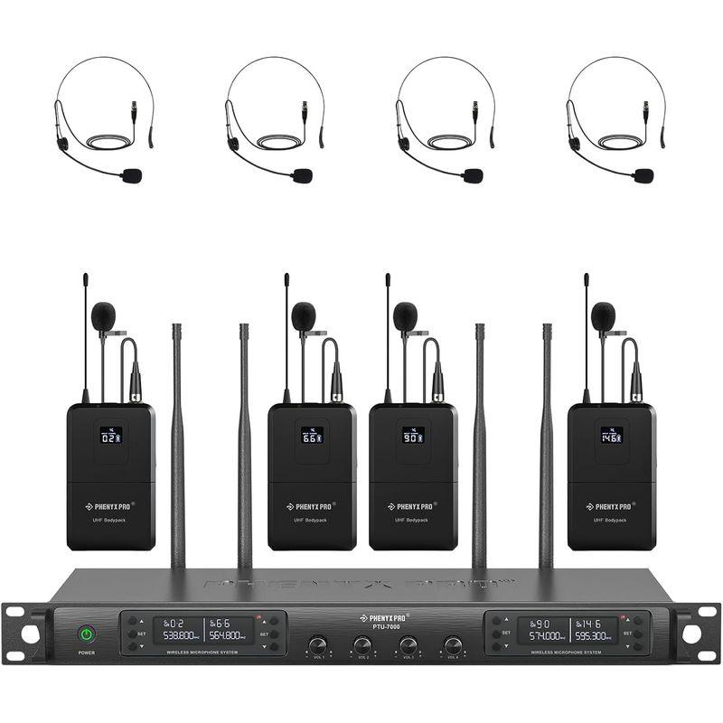 Phenyx Pro 4-Channel Wireless Microphone System, UHF Auto Scan Cordless Mic Set, 4 Bodypacks w/Headsets/Lapel Mics, 4x40 Frequencies, 328ft Coverage, Mic for Church, DJ, Meeting (PTU-7000-4B)