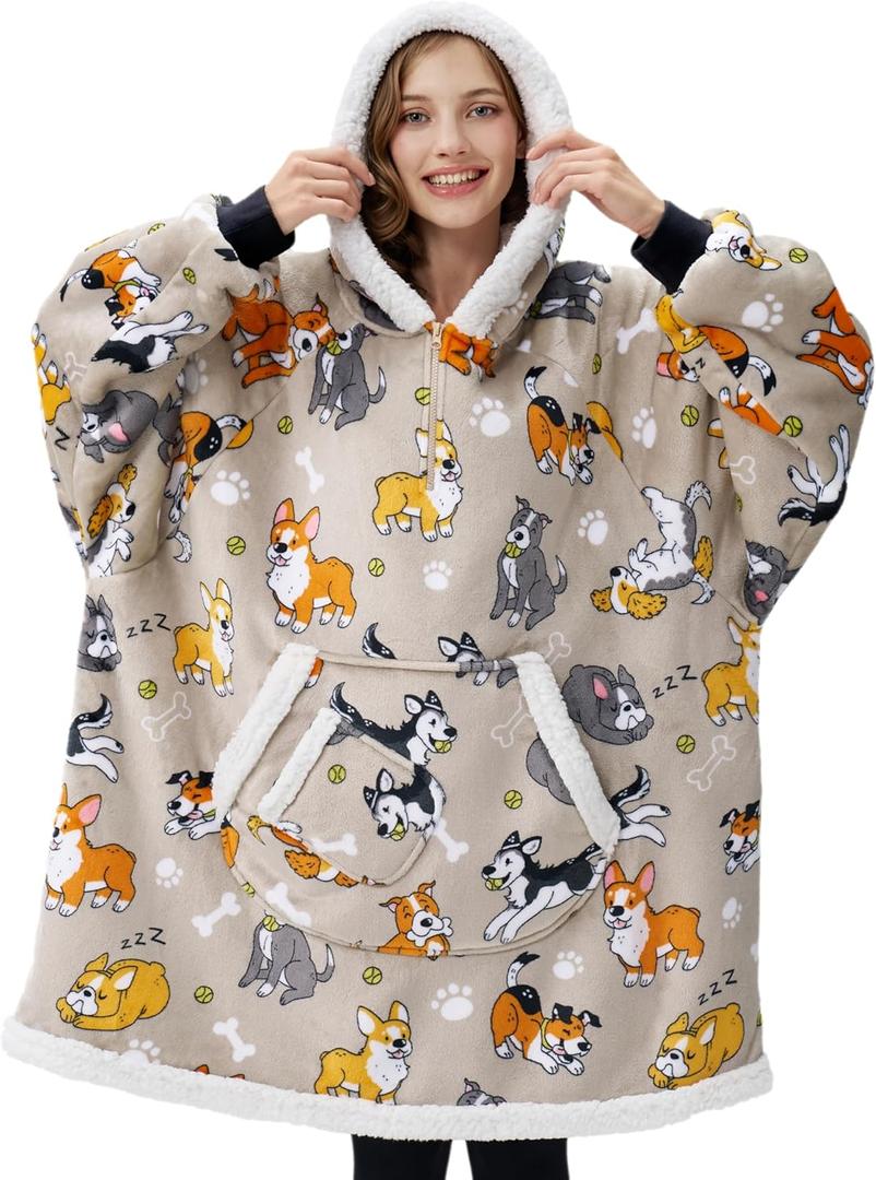 Giggling Getup Wearable Blanket Hoodie for Adults Gifts for Teen Girls Sister Women Sherpa Fleece Printed Hooded Blanket Sweatshirt Warm Cozy with Pocket & Sleeves Grey Dog