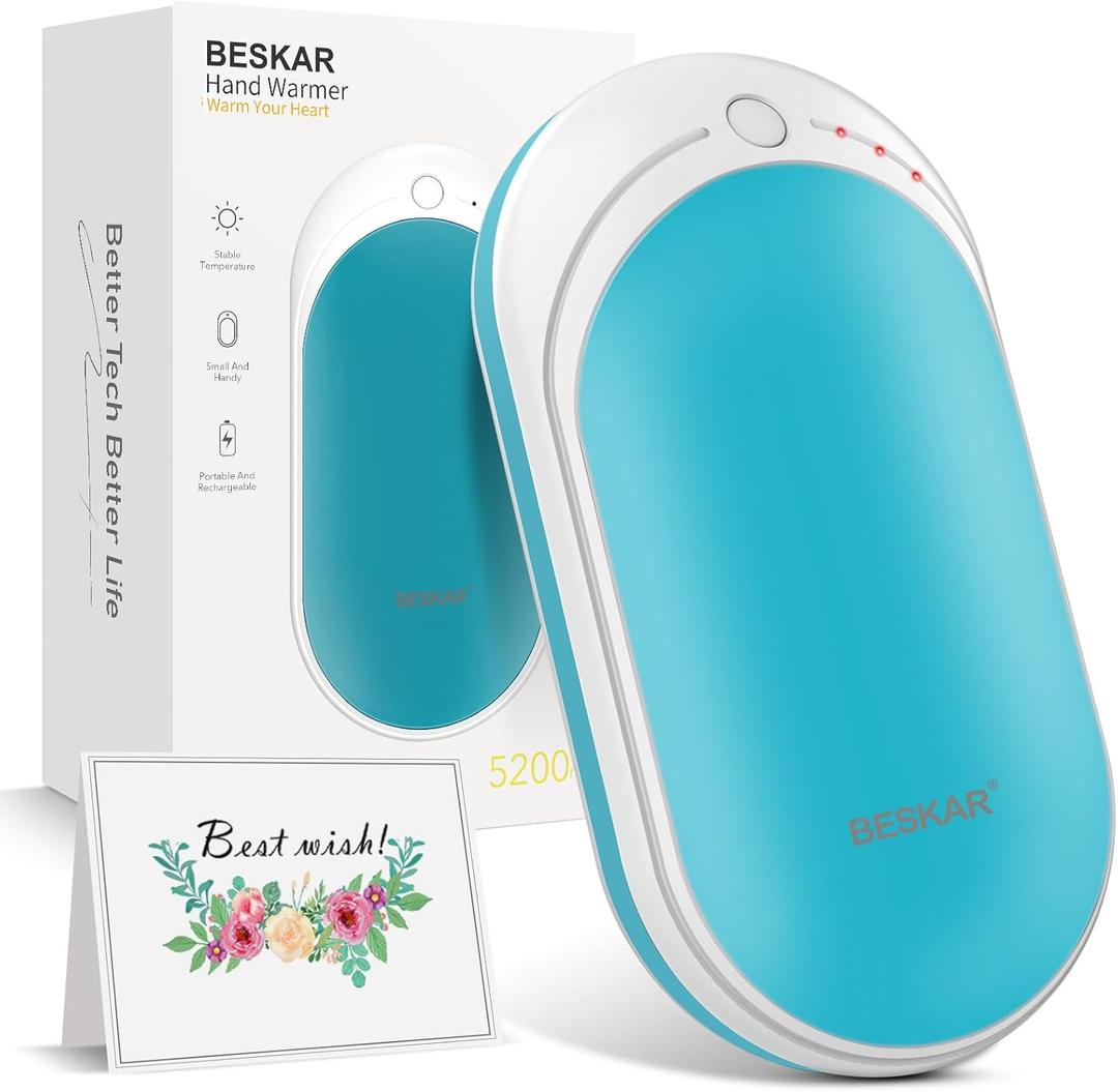 BESKAR Rechargeable Hand Warmer, 5200mAh Electric Hand Heater, Double-Sided Heating, USB Quick Charge, Portable Pocket Hand Warmer for Outdoor, Golf, Raynauds - Winter Gift (Blue)