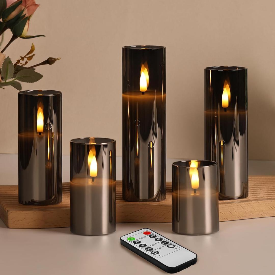 Eywamage 5 Pack Grey Glass Flameless Candles with Remote, Flickering Slim Tall LED Pillar Votive Candles Battery Included