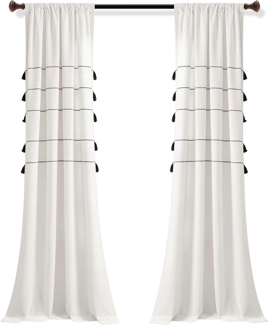 Lush Decor Farmhouse Boho Stripe Woven Tassel Yarn Dyed Cotton Window Curtain Panel Pair, 42" x 84", Ivory & Black