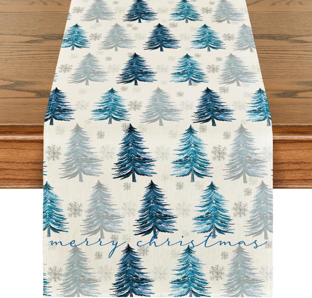 Artoid Mode Xmas Trees Snowflake Christmas Table Runner, Seasonal Winter Blue Kitchen Dining Table Decoration for Home Party Decor 13x72 Inch