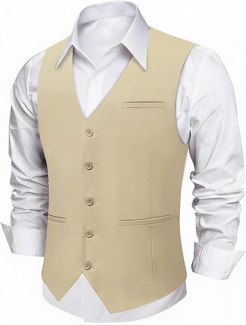 DiBanGu Men's Suit Vest Business Dress Waistcoat with 2 Pockets V-Neck Tuxedo Vests for Formal Wedding (Beige, XXL)