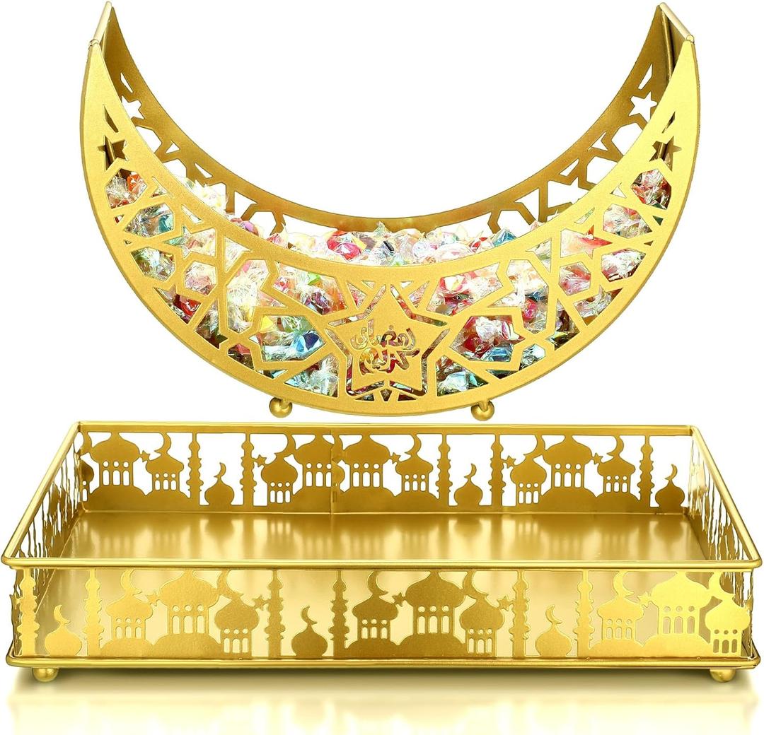 Hushee 2 Pcs Large Ramadan Plate Iron Serving Tray Plate Large Eid Mubarak Metal Serving Dishes Trays Moon Square Shape Food Dessert Tray for Home Ramadan Mubarak Party Supplies(Classic Style)