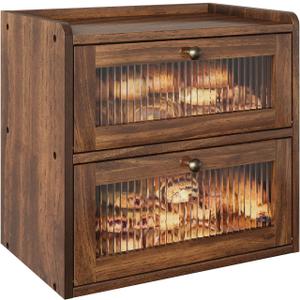 Double Layer Large Bread Box for Kitchen Counter, Wooden Corner Bread Storage Container with Acrylic Window, Retro Brown