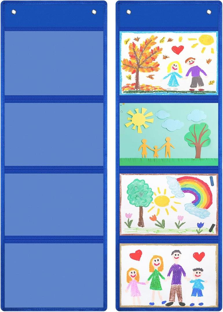 Watersay 2 Pcs Storage Pocket Chart for Classroom 37.4 x 13 in, 4 Pockets Hanging Wall File Organizer for Cards, Drawing, Pictures, Class Demonstrations, Homework, Teacher Office Organization(Blue)