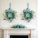 6 Pcs Small Blue Daisy Flower Hanging Wreaths for Cabinets with White Floral Eucalyptus Leaves Lavender Artificial Grains Mini Candle Rings Wreath for Home Front Door Farmhouse Coastal Blue Porch